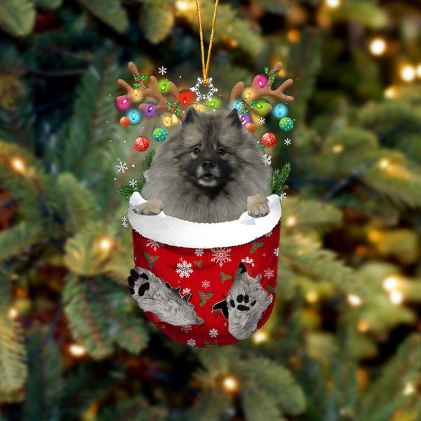 Grey Keeshond In Snow Pocket Christmas Ornament – Two Sided Christmas Plastic Hanging
