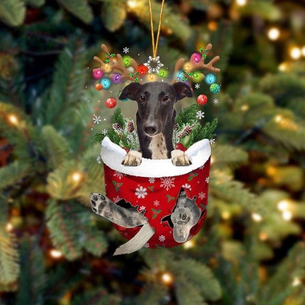 Greyhound In Snow Pocket Christmas Ornament – Two Sided Christmas Plastic Hanging