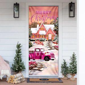 Happy Pink Christmas Door Cover Door Christmas Cover Christmas Outdoor Decoration Unique Gifts Doorcover 1