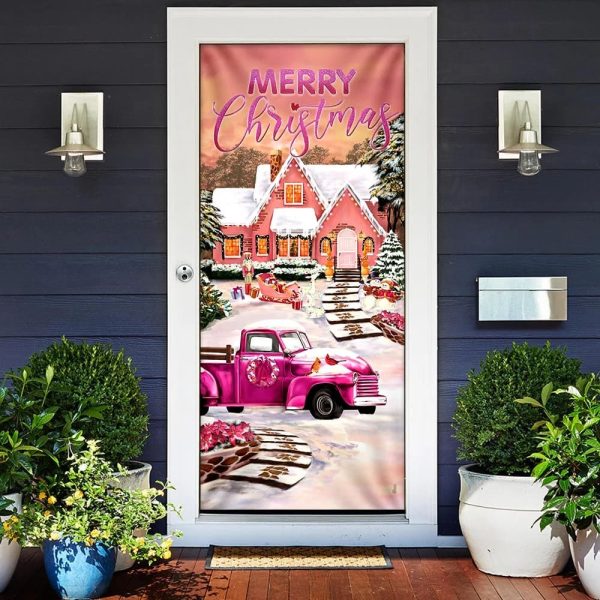 Happy Pink Christmas Door Cover – Door Christmas Cover – Christmas Outdoor Decoration – Unique Gifts Doorcover