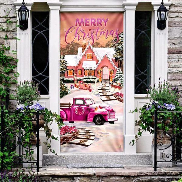 Happy Pink Christmas Door Cover – Door Christmas Cover – Christmas Outdoor Decoration – Unique Gifts Doorcover