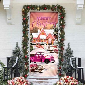 Happy Pink Christmas Door Cover Door Christmas Cover Christmas Outdoor Decoration Unique Gifts Doorcover 4