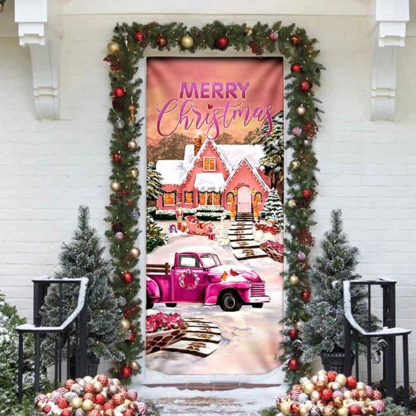 Happy Pink Christmas Door Cover – Door Christmas Cover – Christmas Outdoor Decoration – Unique Gifts Doorcover