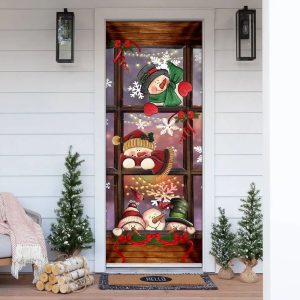 Happy Three Snowmen Door Cover Door Christmas Cover Christmas Outdoor Decoration Unique Gifts Doorcover 1