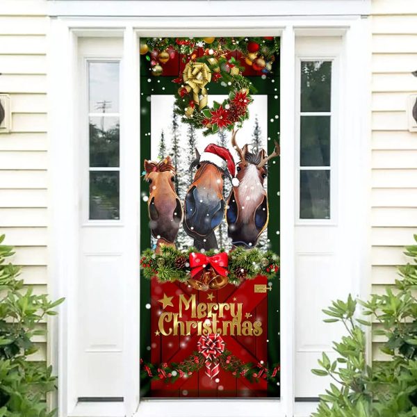 Horse Door Cover Funny Christmas Horses – Christmas Horse Decor – Christmas Outdoor Decoration