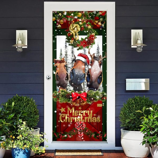 Horse Door Cover Funny Christmas Horses – Christmas Horse Decor – Christmas Outdoor Decoration