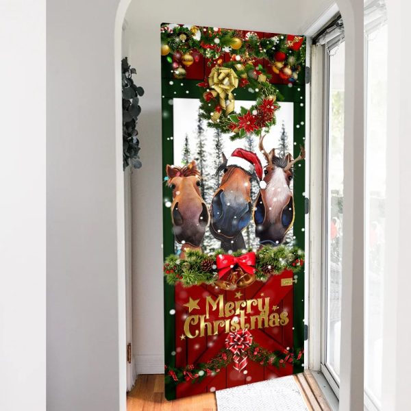 Horse Door Cover Funny Christmas Horses – Christmas Horse Decor – Christmas Outdoor Decoration