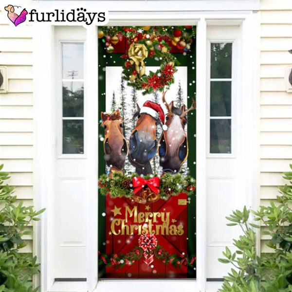 Horse Door Cover Funny Christmas Horses – Christmas Horse Decor – Christmas Outdoor Decoration