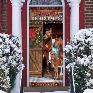 Horses Merry Christmas Door Cover Christmas Horse Decor Unique Gifts Doorcover 1