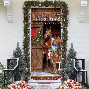Horses Merry Christmas Door Cover Christmas Horse Decor Unique Gifts Doorcover 2
