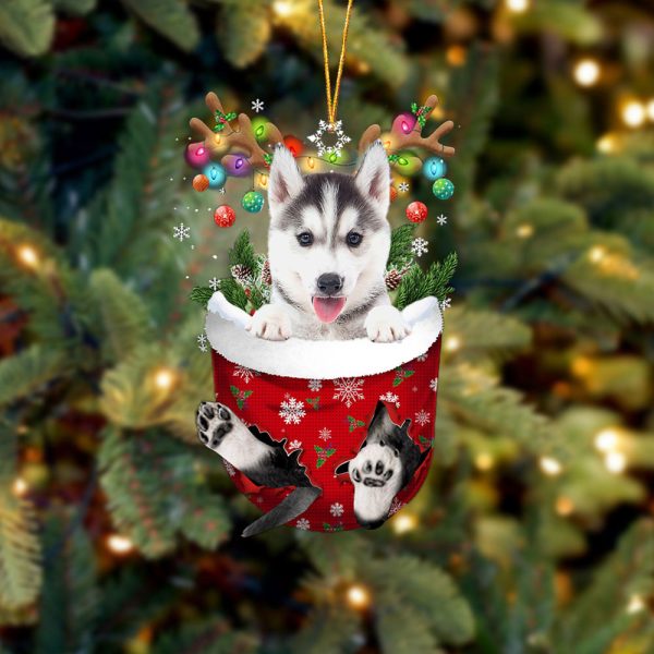 Husky 2 In Snow Pocket Christmas Ornament – Two Sided Christmas Plastic Hanging