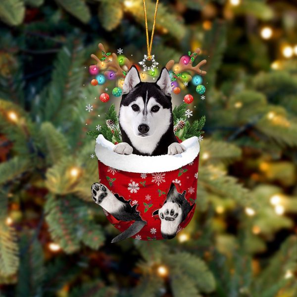 Husky In Snow Pocket Christmas Ornament – Two Sided Christmas Plastic Hanging