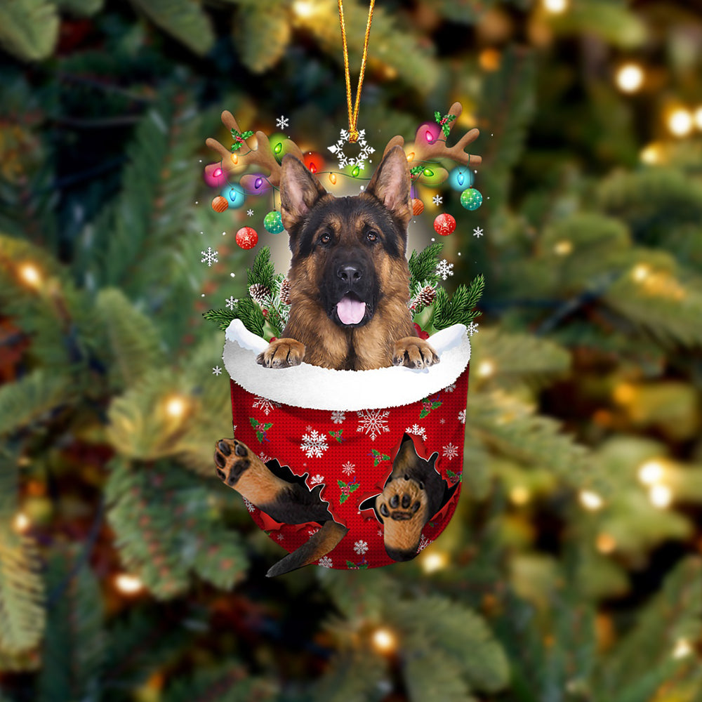 Long Haired German Shepherd In Snow Pocket Christmas Ornament - Two Sided Christmas Plastic Hanging