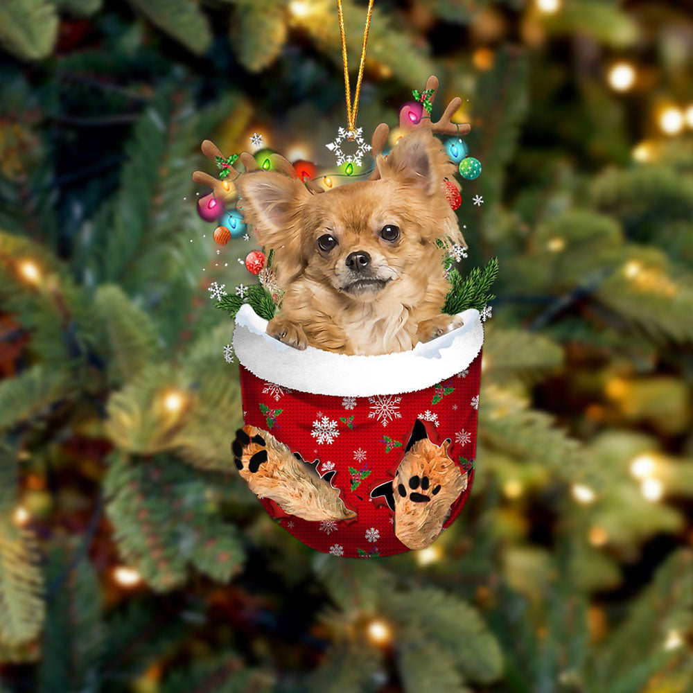 Long Haired Tan Chihuahua In Snow Pocket Christmas Ornament - Two Sided Christmas Plastic Hanging
