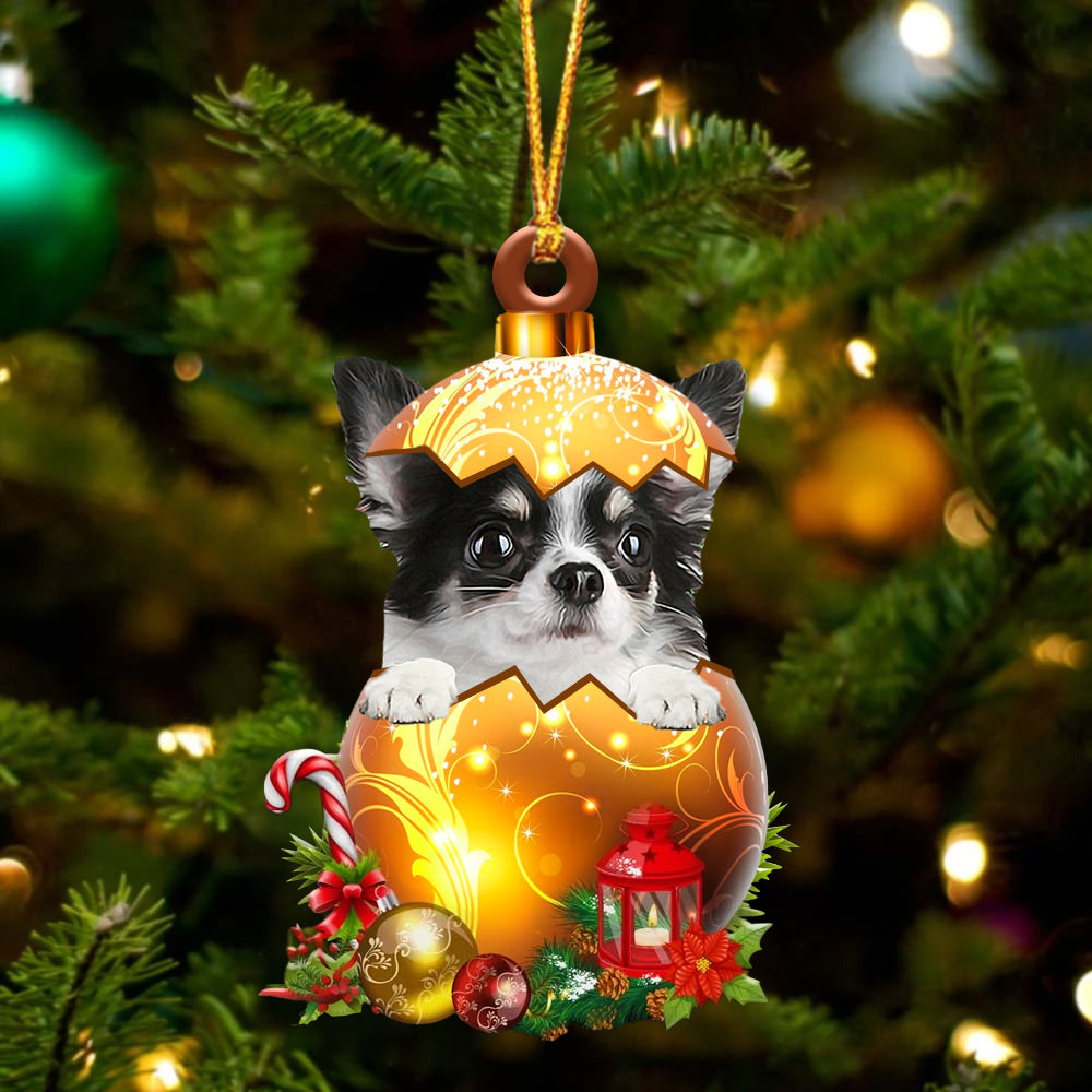 Long Haired White Chihuahua In Golden Egg Christmas Ornament - Car Ornament - Unique Dog Gifts For Owners