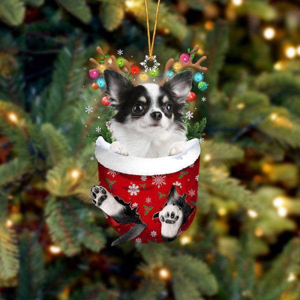 Long Haired White Chihuahua In Snow Pocket Christmas Ornament – Two Sided Christmas Plastic Hanging