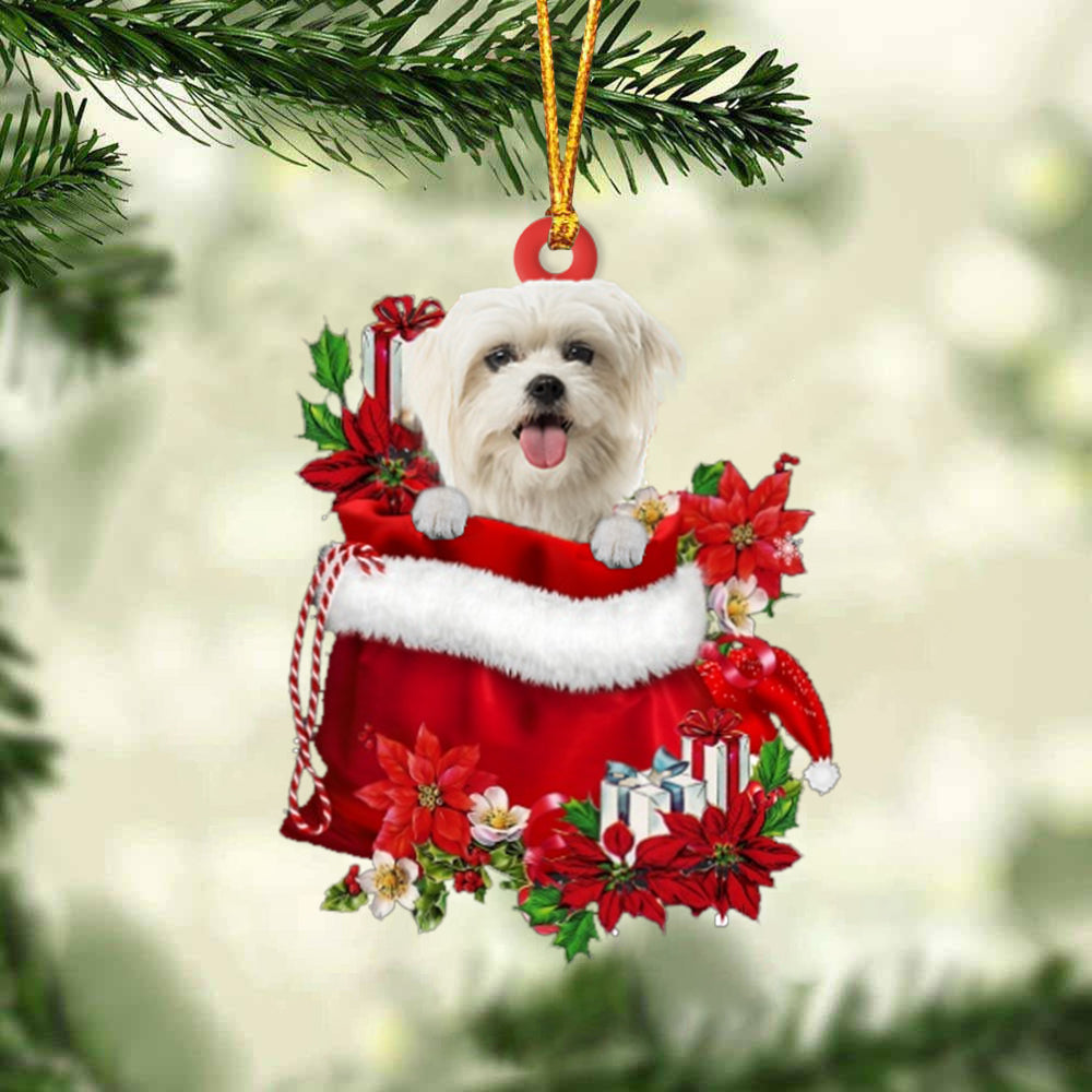 Maltese In Gift Bag Christmas Ornament - Car Ornaments - Gift For Dog Lovers