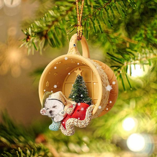 Maltese Sleeping In A Tiny Cup Christmas Holiday Two Sided Ornament – Best Gifts for Dog Lovers
