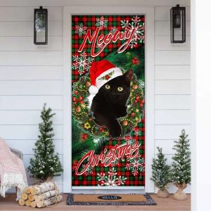 Meowy Christmas Door Cover Black Cat Door Cover 1