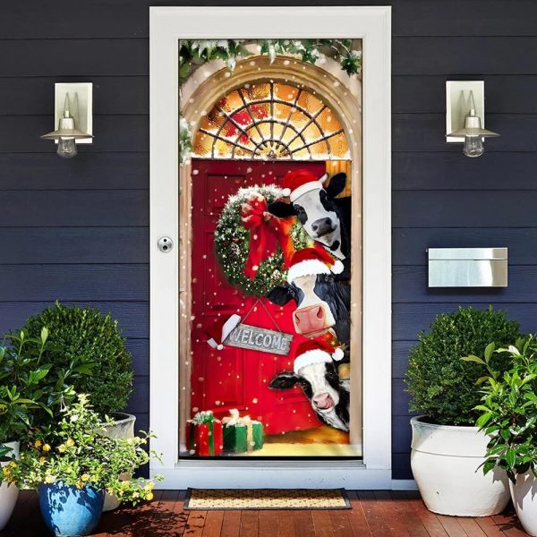 Mooey Christmas Cow Cattle Door Cover  – Christmas Outdoor Decoration – Unique Gifts Doorcover