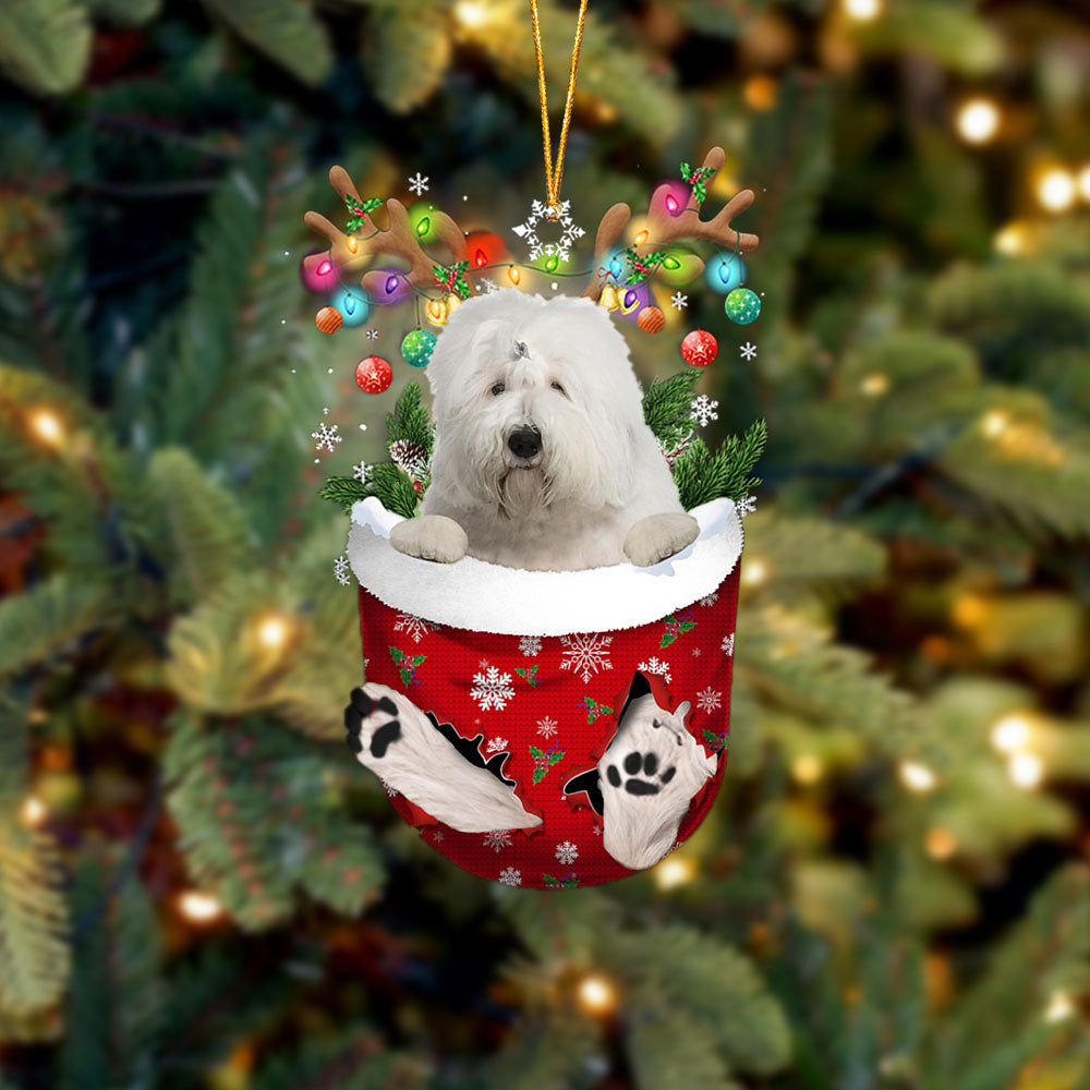 Old English Sheepdog In Snow Pocket Christmas Ornament - Two Sided Christmas Plastic Hanging