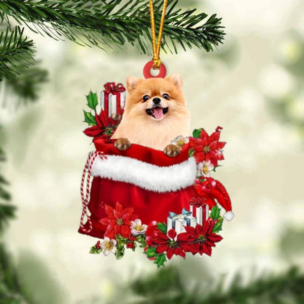 Pomeranian In Gift Bag Christmas Ornament – Car Ornaments – Gift For Dog Lovers