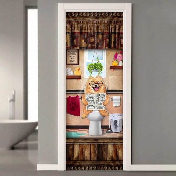 Pomeranian Puppy Sitting On A Toilet Door Cover – Xmas Outdoor Decoration – Gifts For Dog Lovers