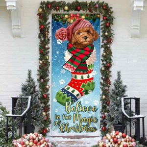 Poodle In Sock Door Cover Believe In The Magic Of Christmas Door Cover Xmas Outdoor Decoration Gifts For Dog Lovers 3