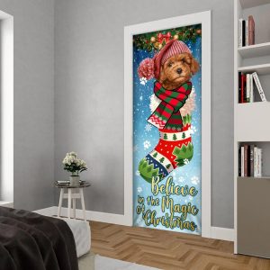 Poodle In Sock Door Cover Believe In The Magic Of Christmas Door Cover Xmas Outdoor Decoration Gifts For Dog Lovers 5