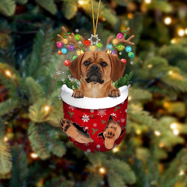 Puggle In Snow Pocket Christmas Ornament – Two Sided Christmas Plastic Hanging
