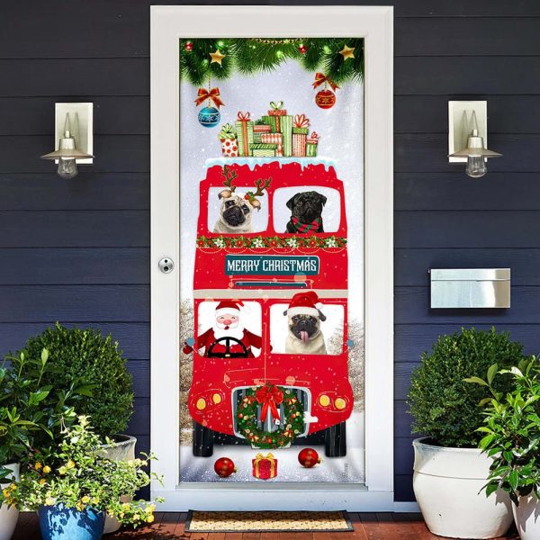 Pugs Christmas Bus Door Cover – Xmas Outdoor Decoration – Gifts For Dog Lovers – Housewarming Gifts