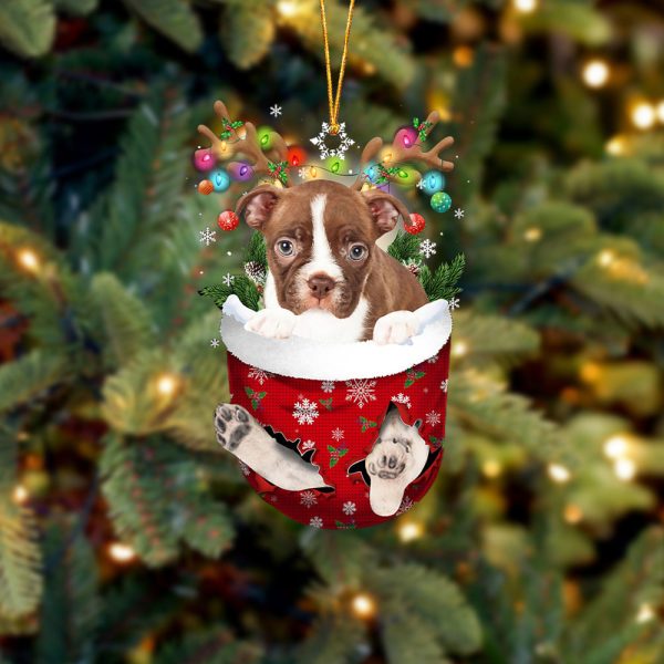 Red Boston Terrier In Snow Pocket Christmas Ornament – Two Sided Christmas Plastic Hanging