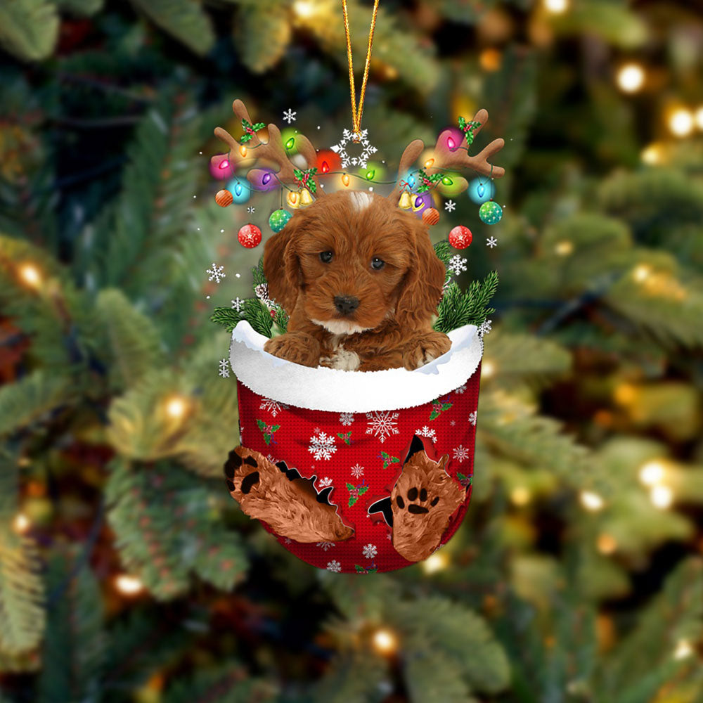 Red Cockapoo In Snow Pocket Christmas Ornament - Two Sided Christmas Plastic Hanging