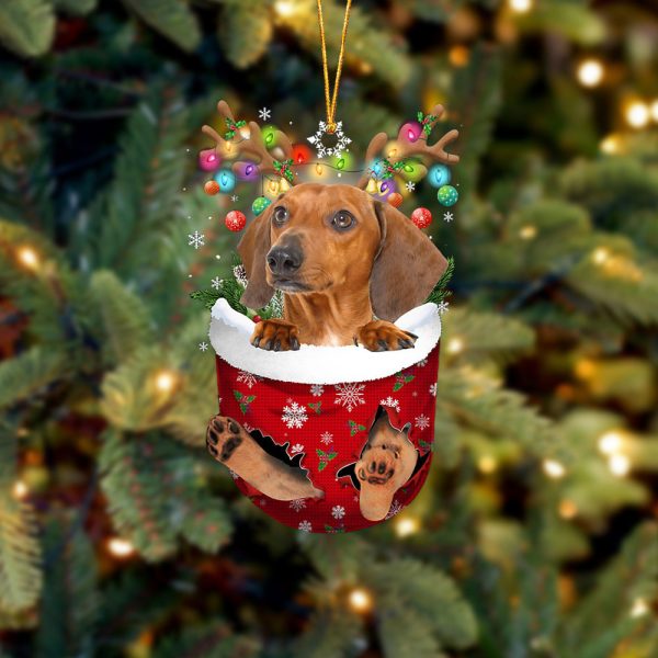 Red Dachshund In Snow Pocket Christmas Ornament – Two Sided Christmas Plastic Hanging