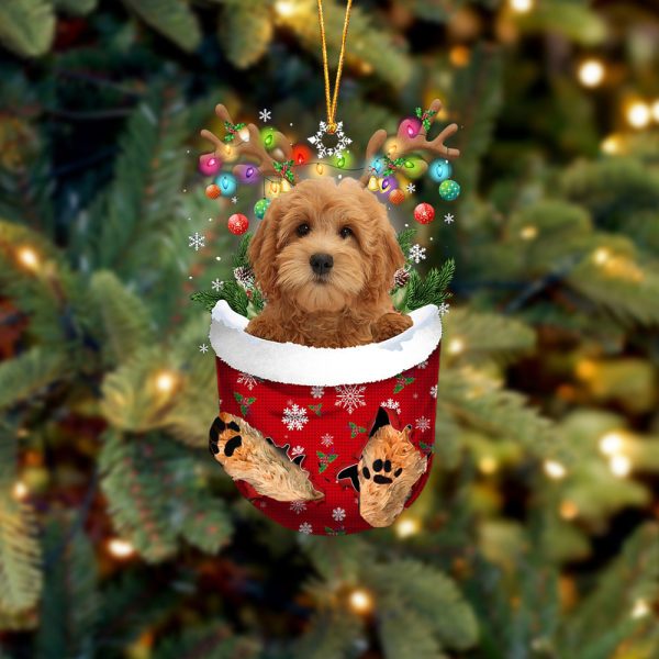 Red Goldendoodle In Snow Pocket Christmas Ornament – Two Sided Christmas Plastic Hanging