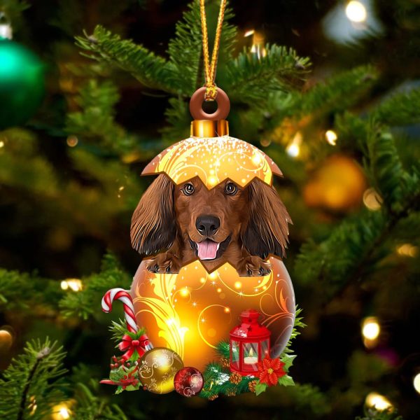 Red Long Haired Dachshund In Golden Egg Christmas Ornament – Car Ornament – Unique Dog Gifts For Owners
