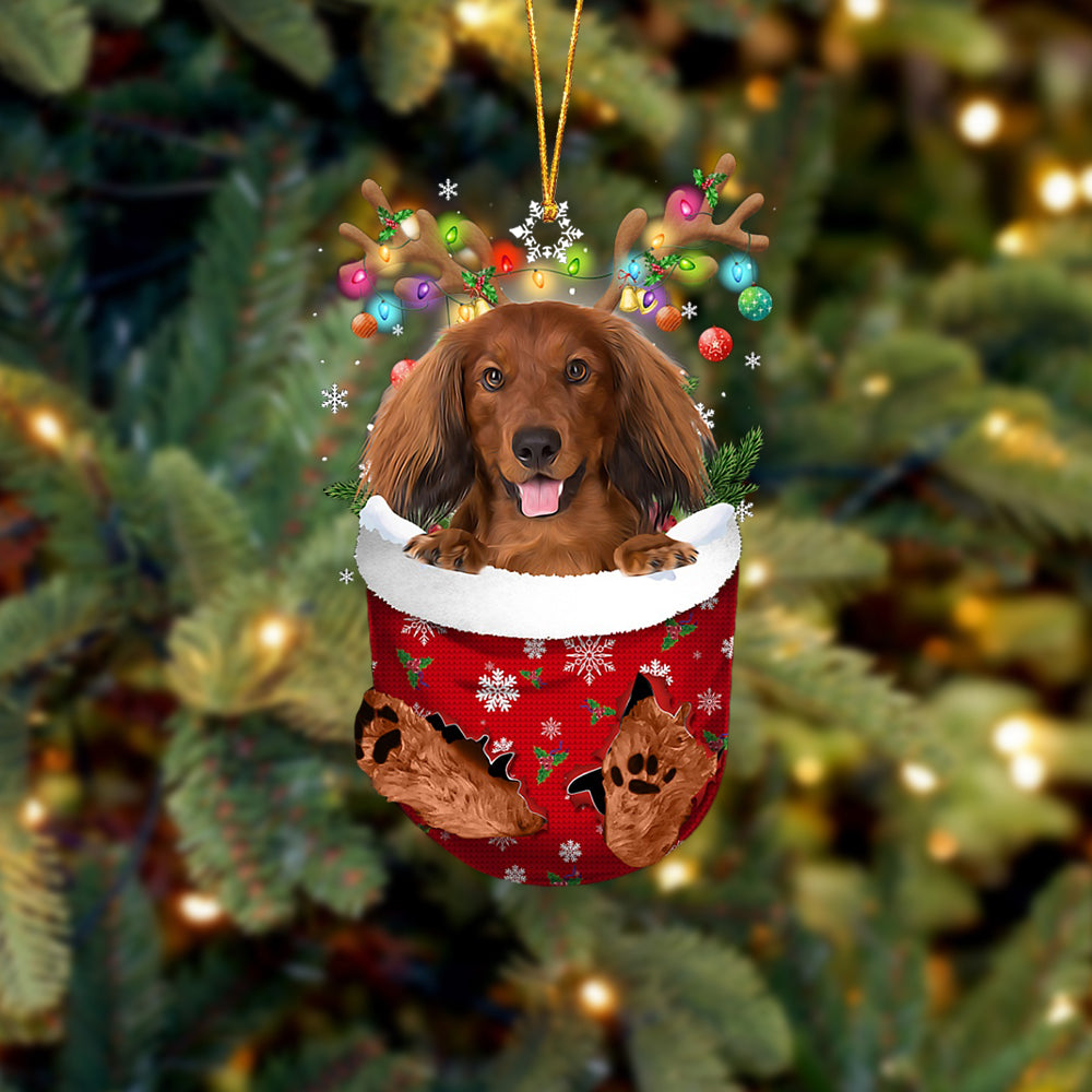 Red Long Haired Dachshund In Snow Pocket Christmas Ornament - Two Sided Christmas Plastic Hanging