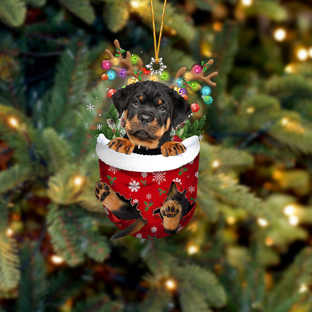 Rottweiler In Snow Pocket Christmas Ornament - Two Sided Christmas Plastic Hanging