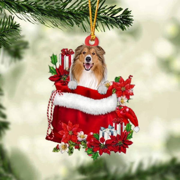 Rough Collie In Gift Bag Christmas Ornament – Car Ornaments – Gift For Dog Lovers