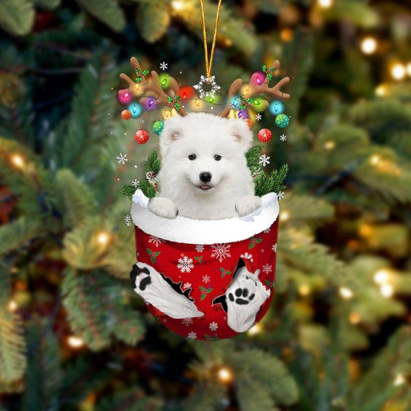 Samoyed In Snow Pocket Christmas Ornament – Two Sided Christmas Plastic Hanging