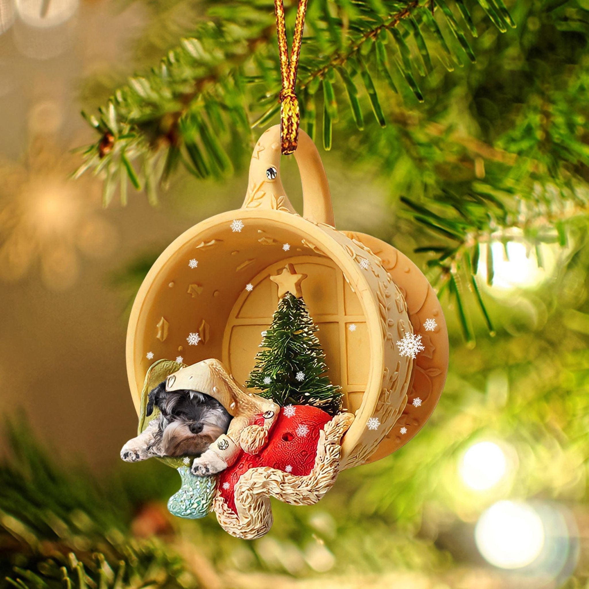 Schnauzer Sleeping In A Tiny Cup Christmas Holiday Two Sided Ornament - Best Gifts for Dog Lovers