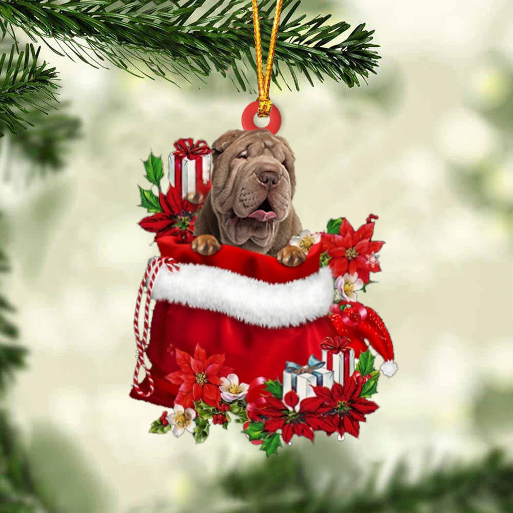 Shar Pei In Gift Bag Christmas Ornament - Car Ornaments - Gift For Dog Lovers