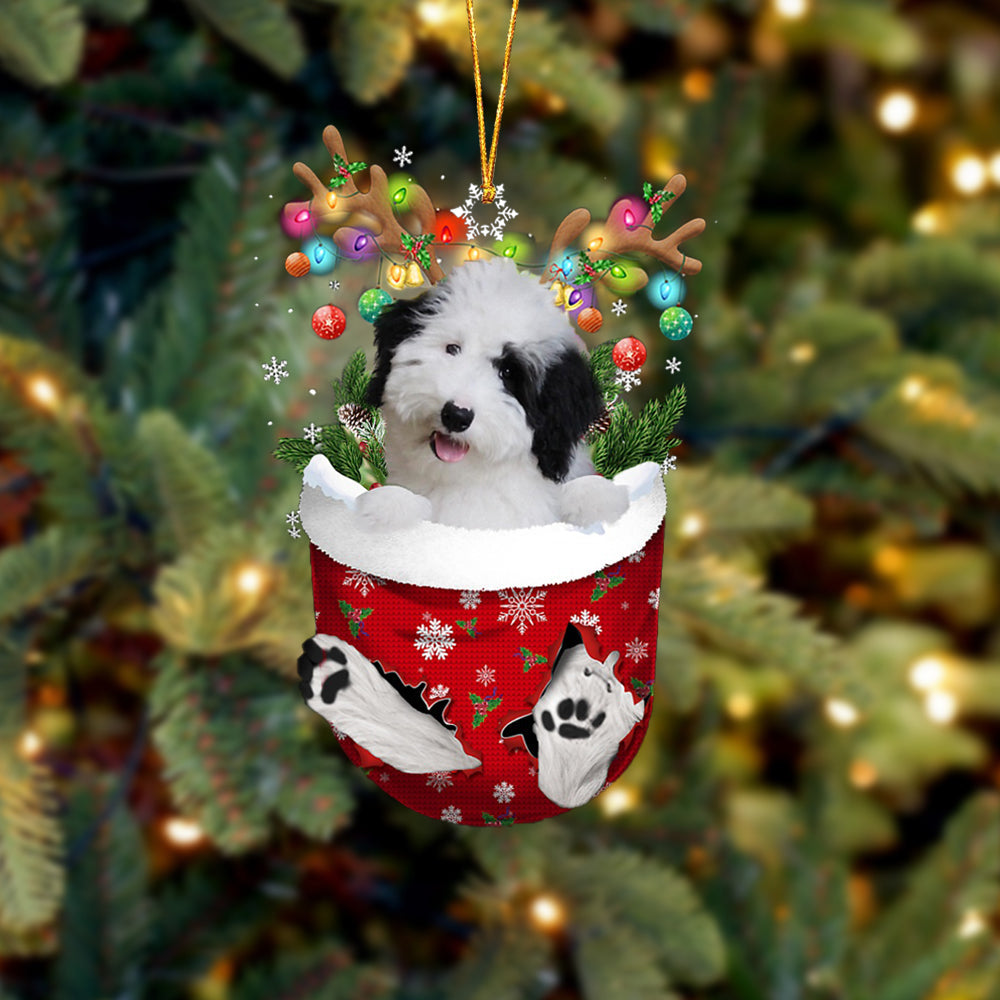 Sheepadoodle In Snow Pocket Christmas Ornament - Two Sided Christmas Plastic Hanging