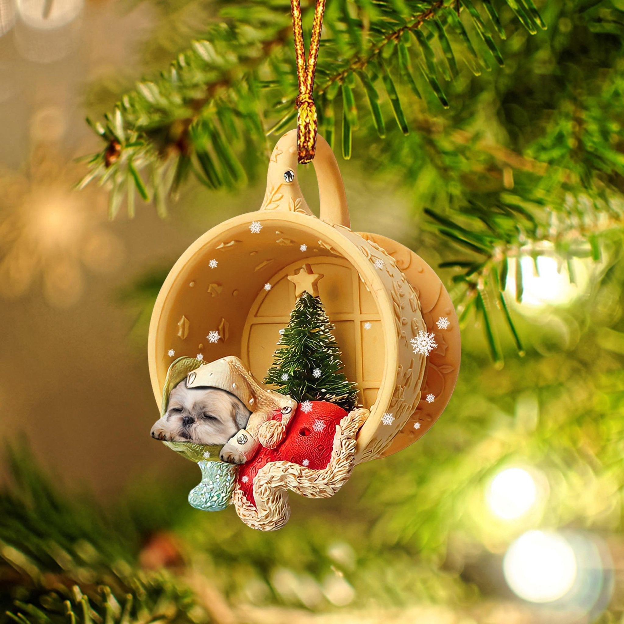 Shih Tzu Sleeping In A Tiny Cup Christmas Holiday Two Sided Ornament - Best Gifts for Dog Lovers