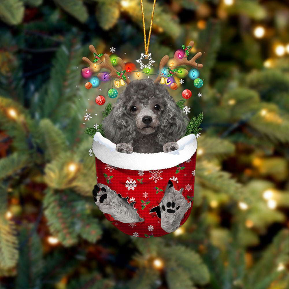 Silver Miniature Poodle In Snow Pocket Christmas Ornament - Two Sided Christmas Plastic Hanging
