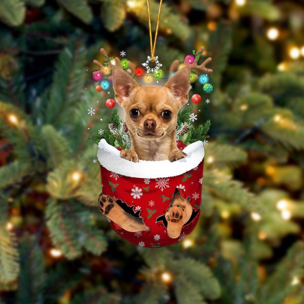 Tan Chihuahua In Snow Pocket Christmas Ornament – Two Sided Christmas Plastic Hanging