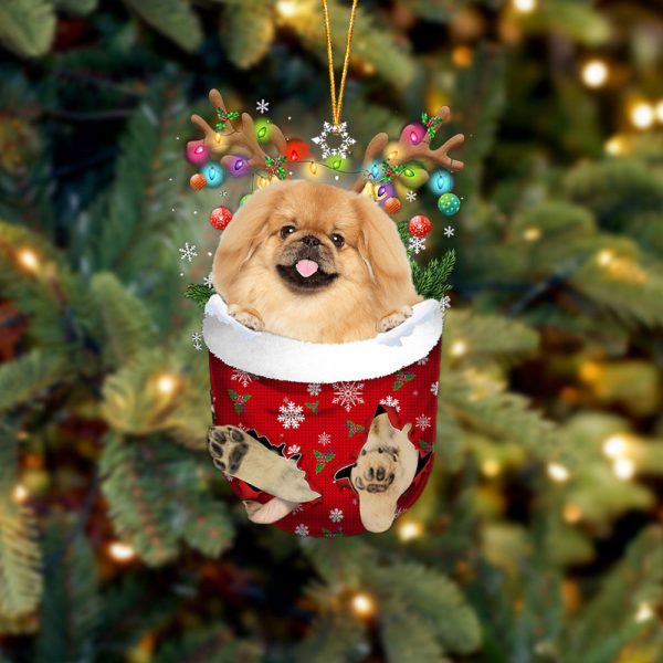 Tan Pekingese In Snow Pocket Christmas Ornament – Two Sided Christmas Plastic Hanging