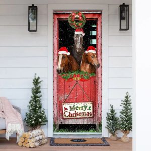 Three Horses In The Barn Door Cover Unique Gifts Doorcover Holiday Decor 1