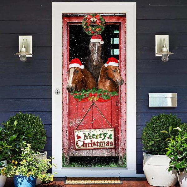 Three Horses In The Barn Door Cover – Unique Gifts Doorcover – Holiday Decor