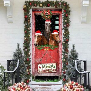 Three Horses In The Barn Door Cover Unique Gifts Doorcover Holiday Decor 4